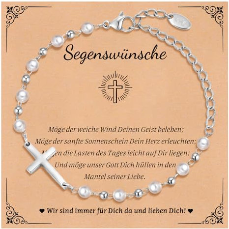 Kommunion Geschenke für Mädchen Kreuz Armband - Perle Armbänder mit Kreuz für Kinder, Silber Kinderarmband für Tauf Firmung Geburt Taufgeschenk Erstkommunion Konfirmation Geschenke für Mädchen Jungen