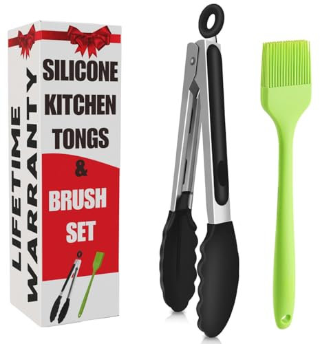 Silicone Kitchen Tongs and Basting Brush Set – Cooking Tongs for Kitchen, Salad, BBQ & Air Fryer – Non-Stick Food Tongs for Cooking (Black and Green, 9 inch)