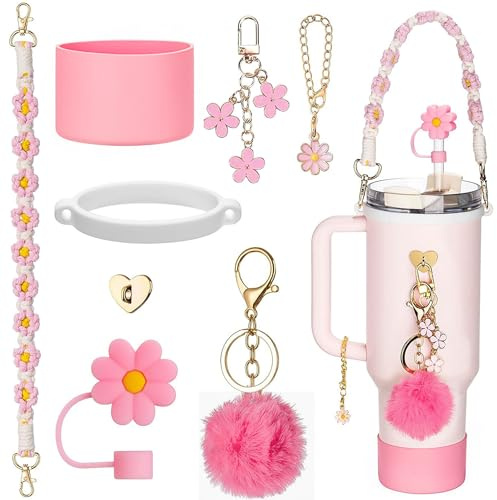 MZSX 8pcs Cup Accessories Set, for Stanley Cup, Decor Includes Silicone Boot, Woven Handle Strap, Straw Cover, Stanley Charms for Stanley Cup 30/40oz Tumbler
