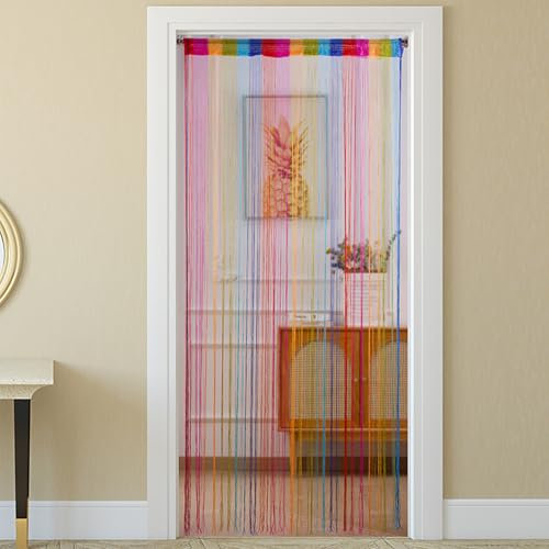 Highdi Rideau de Porte, Rideau Anti Mouche, Moustiquaire de Porte Entrée et Exterieur, Separation de Piece pour Fenêtre de Cuisine, Chambre et Salon, Motifs Colorés (Arc-en-Ciel,100x200cm)