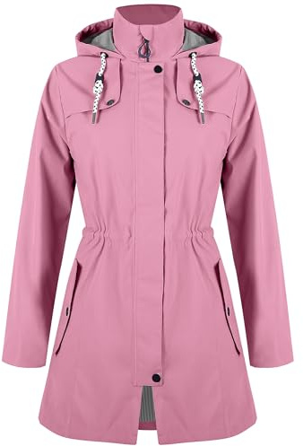 Zdoynto Veste de pluie pour femme - Imperméable - Longue doublure - Avec capuche - Veste de transition - Veste softshell - Veste d'extérieur - Trench - Outdoor - Randonnée, Rose sèche, XXL