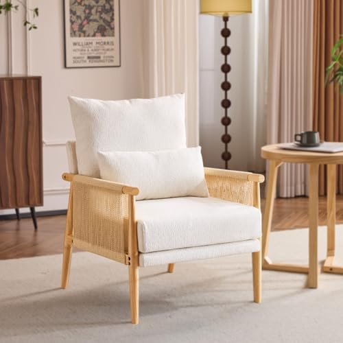 Bonnlo Rattan Accent Chair,Mid-Century Modern Armchair with Solid Wooden Armrest,Comfy Louge Chair with Waist Pillow, Boucle Chair for Bedroom,Living Room,Reading Room, Light Gray (Beige)