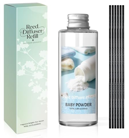 SCENTORINI Raumduft Nachfüller Babypuder 200ml, Duftöl Nachfüllflasche | Duftöl‑Nachfüller Baby‑Puder‑Duft mit 6 Duftstäbchen, stromlos für Diffuser‑Gefäße, für Flur, Wohn‑, Gäste‑ und Arbeitszimmer