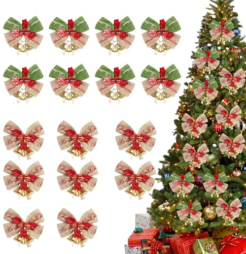 HOPEYMY26 16-Teiliges Set Schleifen Weihnachtsbaum Deko, Christbaum Weihnachtsbaum Schleifen Rot, Weihnachtsgeschenkbox, Festliche Dekorationen (Rot, Gold)