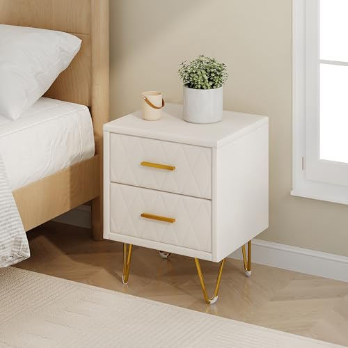 belupai Kommode mit 2 Schubladen, PU-Sideboard, Aufbewahrungsschrank mit goldenen Metallbeinen, kleiner Nachttisch, Sofa, Beistelltisch, für Wohnzimmer, Schlafzimmer, Beige