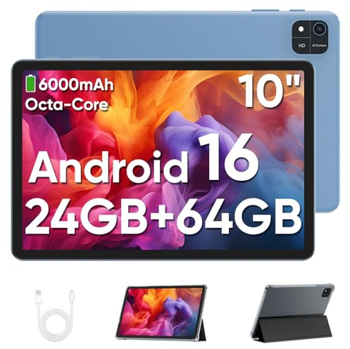 TUOHAITIME Android 16 Tablet 10 Zoll,24GB RAM+64GB ROM 2TB erweiterbar Tablet,Bildschirmauflösung 1280p,Unisoc T606 Octa-Core Prozessor,WiFi 6/Dual-Kamera/Face ID/GPS/6000mAh Akku (Blau)