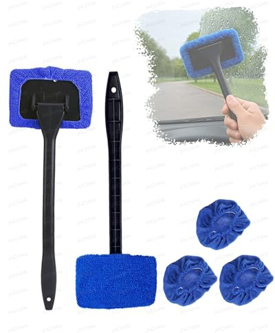 JHCHAN 2 Pack 180° Swivel Head Microfibre Car-Cleaning-Tools Accessories | Handles & 5 Reusable Cloths | for Car Windscreen, Shower Glass & Household Window Cleaner | Wet & Dry Use
