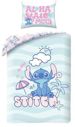 Disney Stitch Aloha State of Mind – Bettwäsche-Set für Einzelbett, wendbar, 140 x 200 cm und Kissenbezug 70 x 90 cm, Hellblau, 100 % Baumwolle, OEKO-TEX