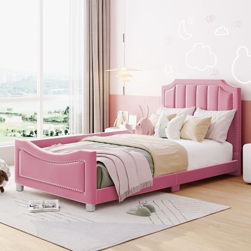 Goldicoo Kinderbett Polsterbett 90x200cm, Rosa Pink, Flanell, Massivholz, mit Rückenlehne und Armlehne, Jugendbett Gästebett