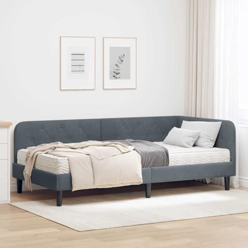 kithwjll Corner Bed Frame with Mattress, Dark Grey, 100 x 200 cm, Velvet Cover, L-shaped Design, Sturdy Plywood Frame, Versatile as Sofa and Sleeping Area