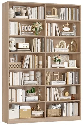 FirFurd Bücherregal 212 cm hoch Bücherschrank mit 14 Fächern Eiche | Regal groß, Standregal doppelreihig, Vitrinenschrank, Aufbewahrungsregal für Wohnzimmer Arbeitszimmer Küche, 116x28,5x212 cm