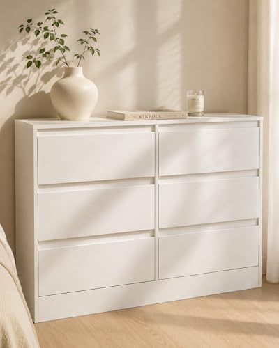 Soayone Kommode Weiß mit 6 Schubladen 100×37×69cm Schmale Schlafzimmer Kommode Modern Sideboard Schubladenschrank aus Holz für Wohnzimmer, Schlafzimmer und Flur