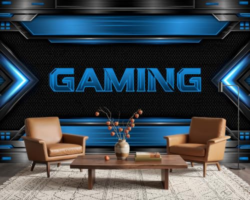 PaxGloz Cool Modern 3D Neon Blue Gaming Photo Wallpaper, Teenage Boys Bedroom Gamer Room Wall Mural for Living Room & Bedroom, Non-Woven Decorative Wall Art 250x175 cm