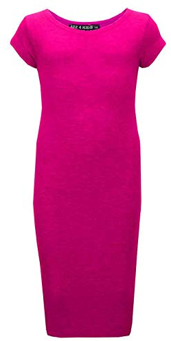 A2Z 4 Kids Girls Dresses Plain Short Sleeves Cap Slim Fit Stretch Bodycon Midi Maxi Comfortable Summer Party Fashion Dress Top Age 5-13 Years Cerise