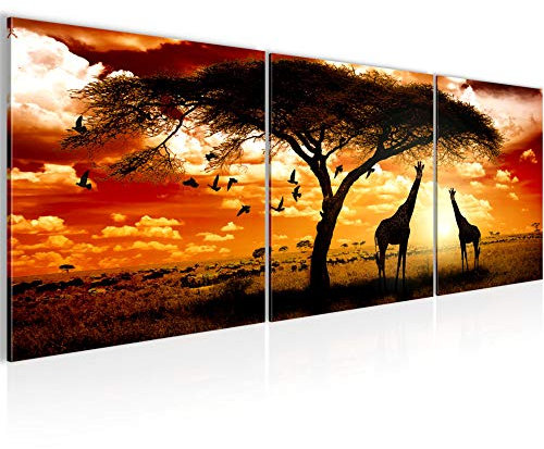 Runa Art Bilder Afrika Sonnenuntergang 3 Teilig Bild auf Vlies Leinwand Deko Wohnzimmer Schlafzimmer 90 x 30 cm Giraffe Savanne Orange 001534b
