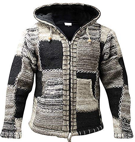 SHOPOHOLIC FASHION Giacca da Uomo con Cappuccio in Lana con Toppe Hippy Boho, Felpa in Pile a Maniche Lunghe Super Accogliente Fatta a Mano, Maglione Colorato da Festival con 2 Tasche e Cerniera, M
