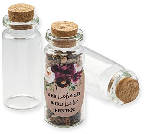 Schokoladenseite 40 Stk Glasflaschen Boho 175303, kleine Fläschchen mit Korken und Aufkleber für Blumensamen, Gastgeschenk für Hochzeit, Taufe, Geburtstag