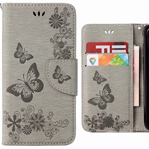 Ougger Hülle für Huawei P20 Lite Handyhüllen, Tasche Leder Schutzhülle Schale Weich TPU Silikon Magnetisch-Stehen Flip Cover Tasche P20 Lite mit Kartensteckplätzen, Schmetterling Streifen (Grau)