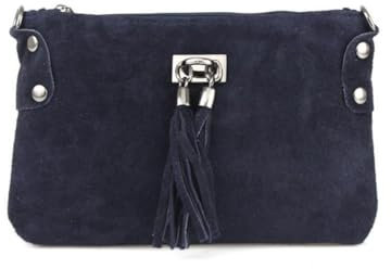 Made in Italy Damen Leder Clutch Tasche Messenger Bag Henkeltasche Wildleder Handtasche Umhängetasche Ledertasche Schultertasche Beuteltasche Fransen Cross-Over Dunkelblau/Navy