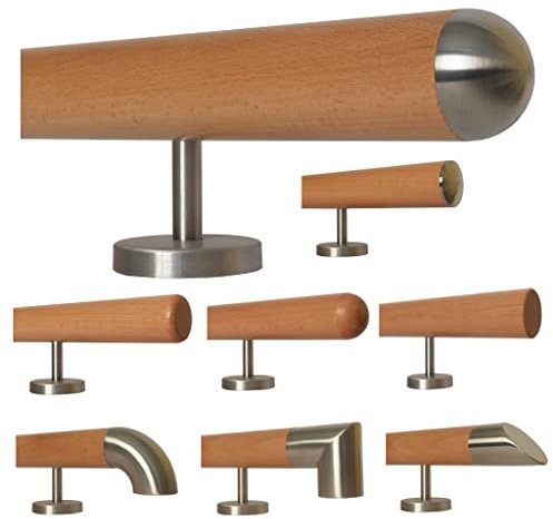 Buche Holz Treppe Handlauf Geländer Griff gerade Edelstahlhalter, Länge 30 - 500 cm aus einem Stück / zum Beispiel Länge 280 cm mit 4 gerade Halter - Enden =Halbrunde Edelstahlkappe