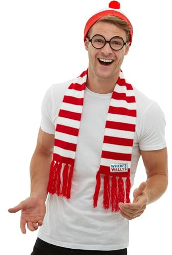 Smiffys Wo ist Wally Set, Rot & Weiß, mit Hut, Strickschal & Brille