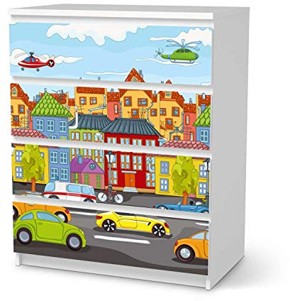 Möbeltattoo für Kinder - passend für IKEA Malm Kommode 4 Schubladen I Tolle Möbeldekoration für Baby-Zimmer Deko I Design: City Life
