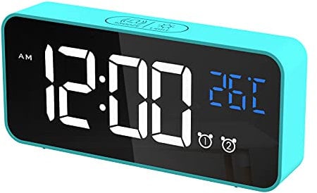 CHEREEKI Digitaler Wecker LED Digitaluhr mit Temperaturanzeige Tragbarer Spiegelalarm mit 2 Alarmen 10 Alarmtöne USB Wiederaufladbar 4 Helligkeit und Lautstärke Regelbar Blau
