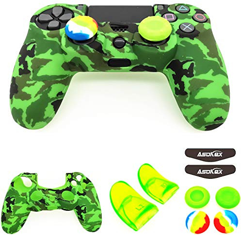 Funda de silicona para controlador PS4 (1 funda antideslizante, 1 par de extensores de gatillo L2 R2, 4 agarres para el pulgar, 4 calcomanías de barra de luz LED), protector para controlador DualShock