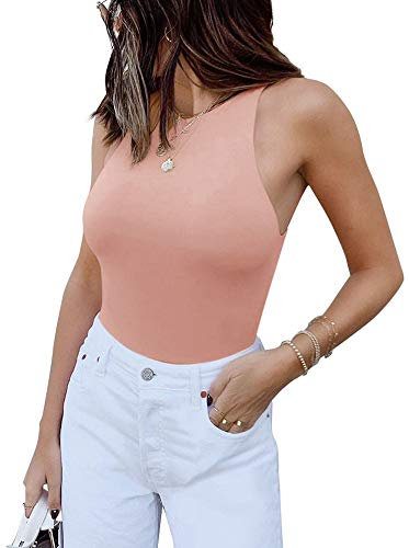 REORIA Body da donna elegante sexy senza maniche con scollo all'americana e girocollo rosa S