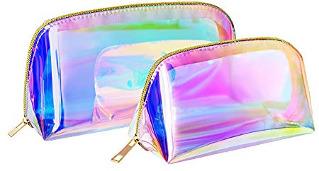 Kosmetiktasche, Make-up, tragbare Kosmetiktasche, holographische transparente Kosmetiktasche für Damen, Münztasche, Reisekosmetiktasche, 2 Bunte Kosmetiktaschen