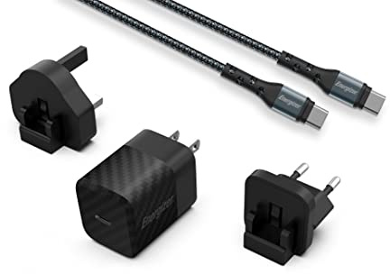 Energizer - Chargeur Rapide USB-C 20W - avec Câble USB-C - 3 Prises Incluses (EU/US/UK) - Noir