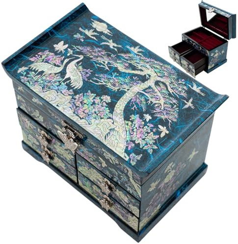 February Mountain Mother of Pearl Wooden Jewelry Organizer Box – Jewelry Storage Box for Women, Features Spacious Drawers, Ideal for Rings, Bracelets, Watches, Accessories (Crane and Pine tree Blue)