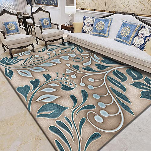 Blumenteppich, blauer Teppich, Blattmuster, antibakteriell, leicht zu saugen, Freizeit-rutschfester Teppich, maschinenwaschbar, Teppiche für Wohnzimmer, 160 x 280 cm