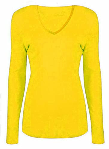 WearAll New Ladies V Neck Long Sleeve Stretch Top Plus Size Womens Plain T-Shirt Yellow 18/20