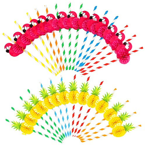 50 Pièces Papier Cocktail Pailles 3D Flamingo Pailles Cocktail Ananas Pailles PaillesPapier Jetables Biodégradables Paille Cocktail Hawai Paille en Papier à Fruits pour Fête Célébration