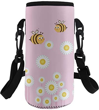 COEQINE Water Bottle Carrier Insulated Water bottle Sling Holder Bag,Print Daisy Bees Pink,Adjustable Shoulder Strap, for Stainless Steel/Glass/Plastic Bottles
