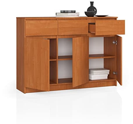 BDW Kommode mit 3 Schublade und DREI Türen, Sideboard, Multifunktionsschrank, Wohnzimmer, Esszimmer 138x99x40cm VIELE Farben! (Erle), One size