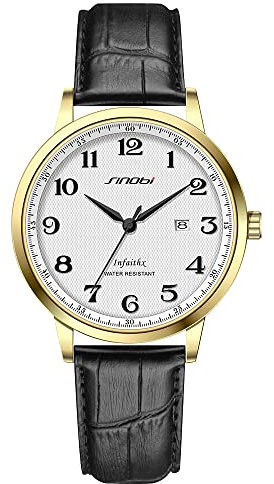 SINOBI Klassisches Geschäft Herrenuhren Arabische Ziffern Easy Reader Armbanduhren für Männer mit Kalenderdatum Wasserdicht (Gold-Black-Leather)