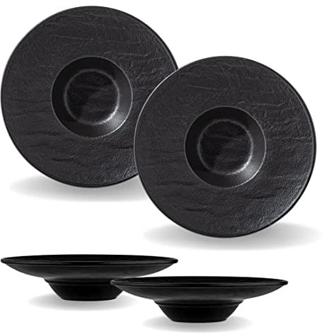 Wilmax | Tiefe Schalen - 2 Stück 27 cm / 250 ml | Schwarze Pastateller | Natursteintextur | Für Pasta, Suppen, Salate, Hauptgerichte | Kratzfester Suppenteller | Spülmaschinen- und Mikrowellenfest