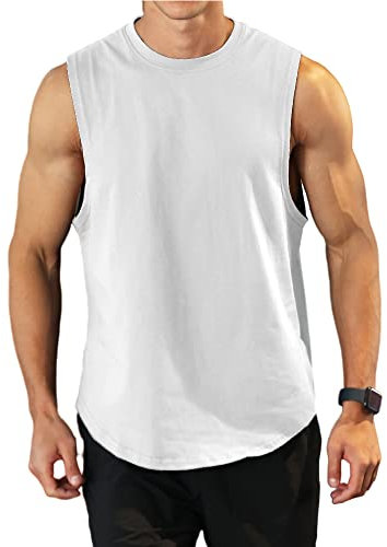 Herren Workout Bodybuilding Tanktops Athletisches Training Gym Shirts Weste Baumwolle abgeschnittenes ärmelloses Muskel-T-Shirt 03 Weiß M