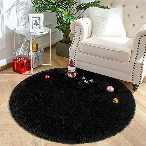 VOFUSHON Schlafzimmer Shaggy Plüsch runden Teppich Bunte Batik Faux Flauschiger Samt Moderne Innenteppiche Lange Haare Fell Optik Gemütliches Bettvorleger Sofa Matte Carpet(Schwarz,100 x 100 cm)