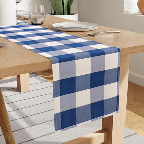 Encasa XO Baumwoll-Tischläufer 8 to 10 Seater | Größe 32x300 cm | Büffelblaue Karos - Maschinenwaschbar & Langlebig