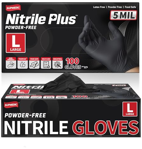 Supmedic Black Nitrile Exam Gloves, 5 Mil Chemical Resistant Powder-Free Food Safe Disposable Medical Glove 100Pcs (Large)