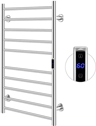 COSTWAY Toallero Eléctrico, Calentador de Toallas Montado en la Pared con Temporizador de 1-8H y Pantalla LCD, Calentador de Toallas de Baño de Acero Inoxidable, Plateado (120W, con 10 Barras)