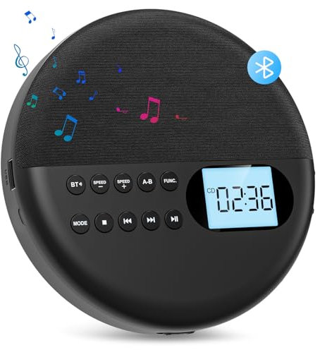 Gueray Tragbarer CD Player mit Bluetooth Sender und Empfänger Lautsprecher Integrierte 1500mAh Akku CD Player Tragbar Unterstützung für USB mit 3,5 mm AUX-Kabel für Kinder Hörbücher Musikhören