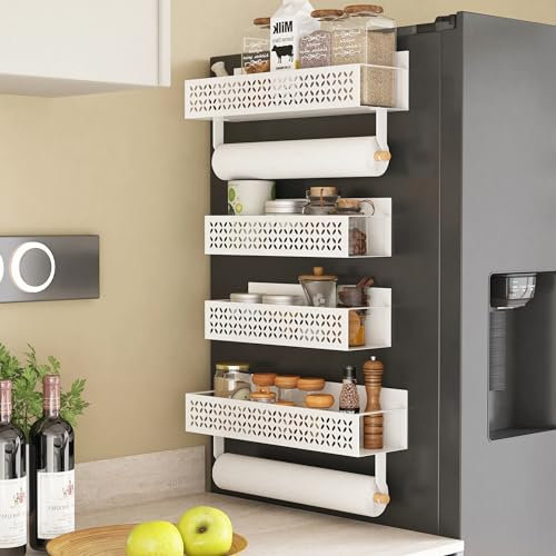 COVAODQ Magnetic Spice Rack Organizer with Paper Towel Holder, 4 Pack Magnet Shelf Spice Racks,for Cabinet Refrigerator Space Saving Kitchen Organization for Spice Jars and Seasoning Bottles(white)