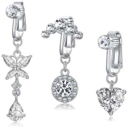 Besyvvin 3Pcs Faux Piercing Nombril Acier Chirurgical Faux Piercing Nombril Clip Faux Piercing Nombril Anneau Diamant Coeur Papillon Dangle Faux Bijoux De Piercing pour Le Ventre