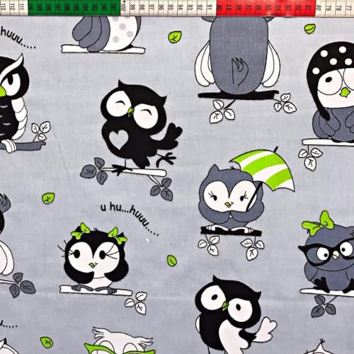 Textrend Meterware Stoffe Baumwolle - Nähen - 100% Baumwolle Stroff - Modische Insekten- und Vogelmuster - Textilien 1x1,6m (Verrückte Eulen mit Grün auf grauem Hintergrund)