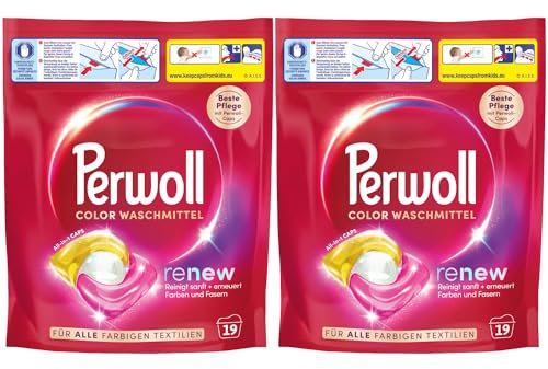 PERWOLL Caps Color Waschmittel 2x 19 WL (38 Wäschen), All-in-1 Waschmittel Caps reinigen sanft und erneuern Farben & Fasern, für alle farbigen Textilien, mit Dreifach-Renew-Technologie