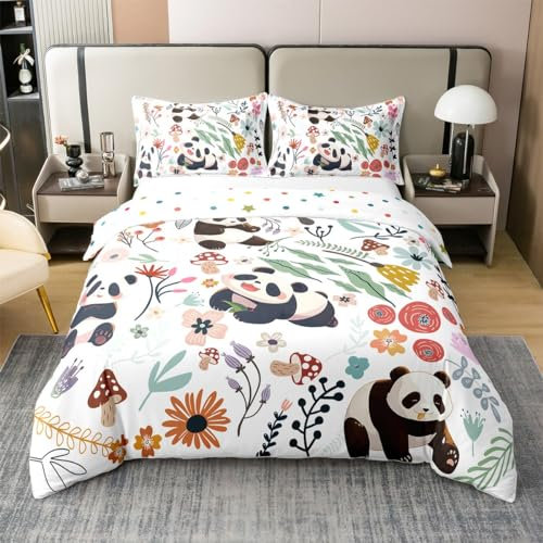 Netter Panda 100% Natürliche Baumwolle Bettbezug für Jungen Mädchen,Kawaii Schwarz Weiß Bär Tröster Bezug 135x200,Blumen Blätter Bettwäsche Set,Botanische Pflanzen Bettbezug Atmungsaktiv